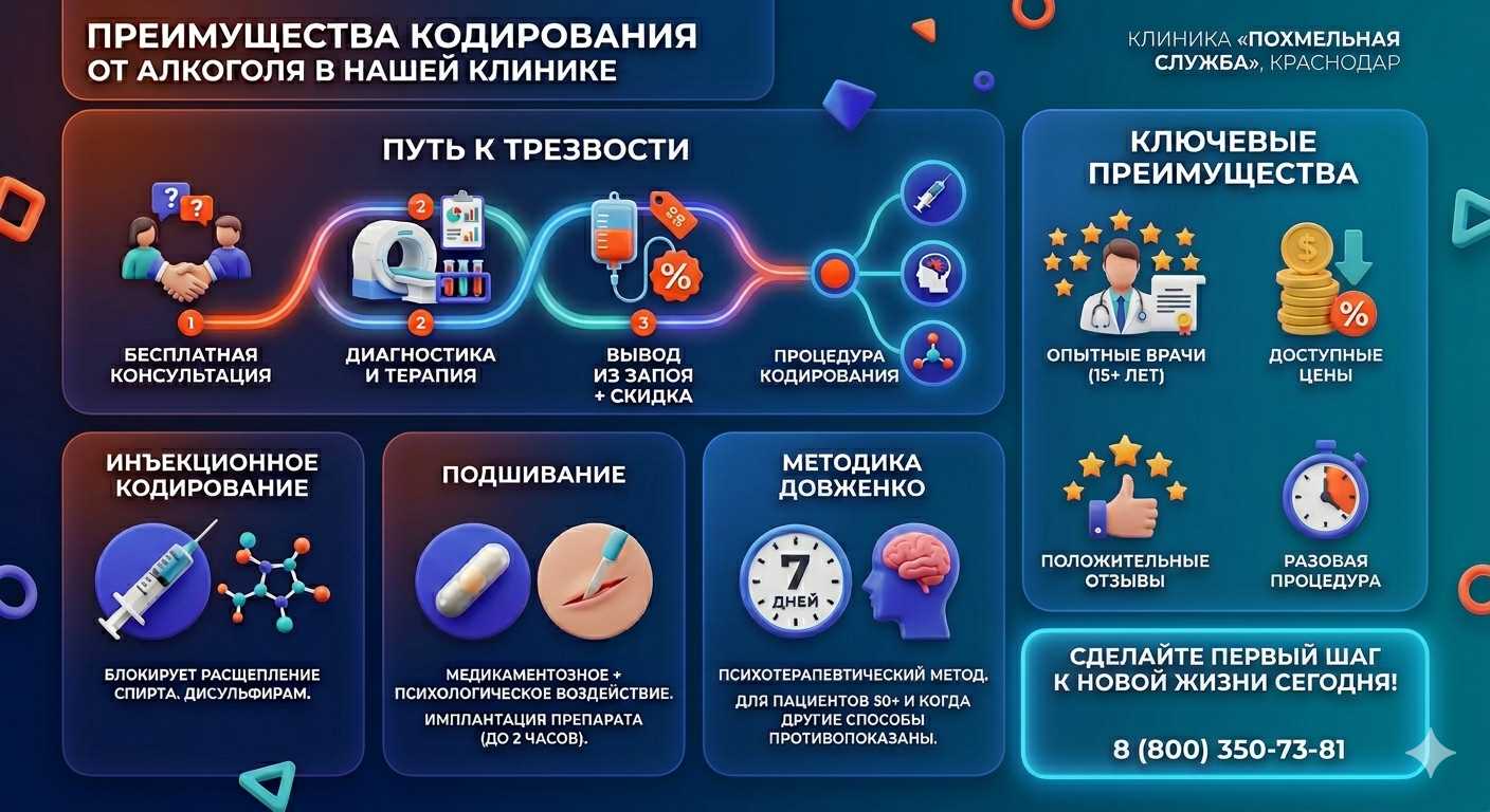 Инфографика о методах кодирования от алкоголя в Улетах: инъекции, подшивание, метод Довженко. Преимущества клиники и этапы лечения.